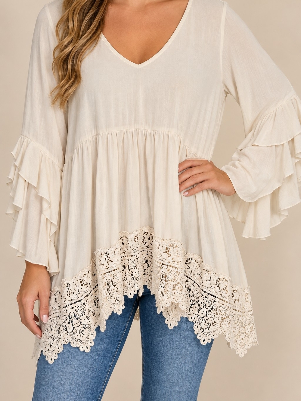 Cupio XL Boho Peasant Blouse Ivory Crochet Lace Ruffle Sleeve Tunic Top Boho